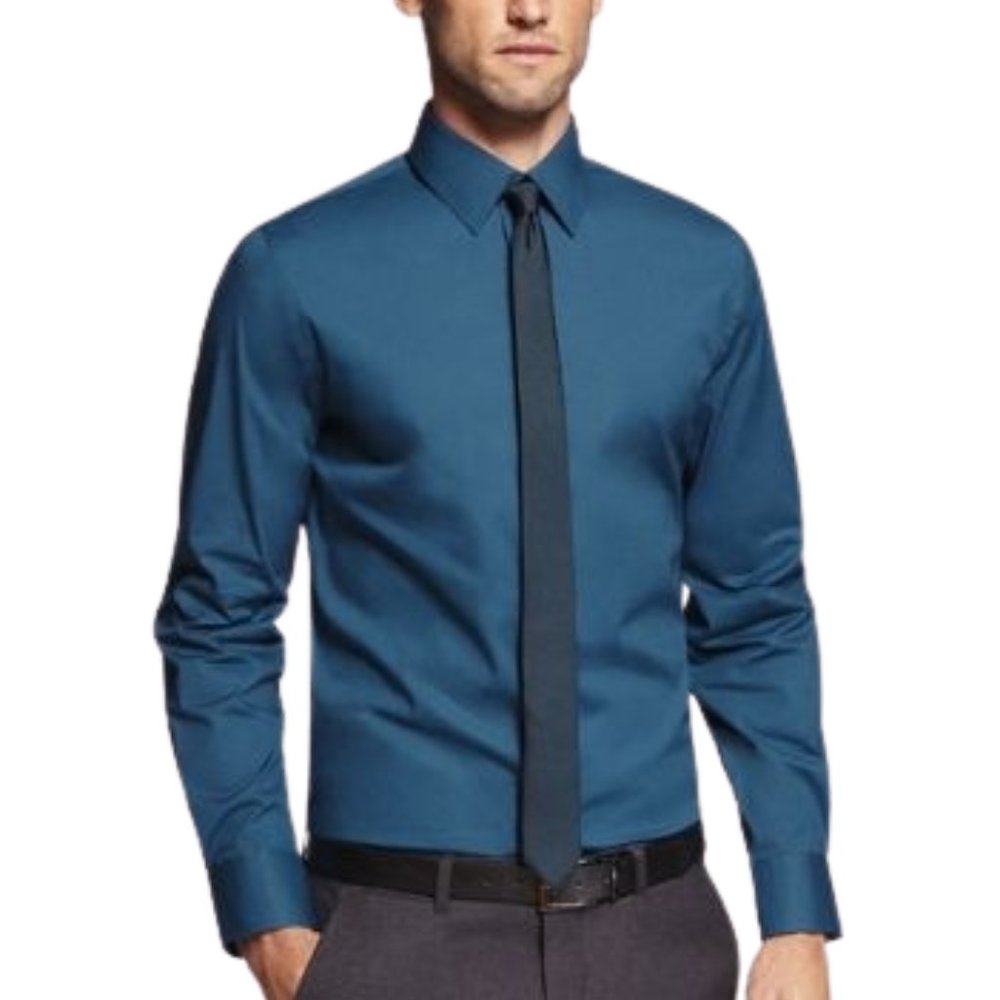 Express 1MX Mens Modern Fit Stretch Cotton Slim Solid Dress Shirt in Teal Medium